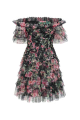 Romantic Floral Printed Off Shoulder Tulle Tiered Ruffle Party Mini Dress