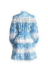 Romantic Floral Scalloped Lace Cutout Bishop Sleeve Belted Mini Shirt Dress