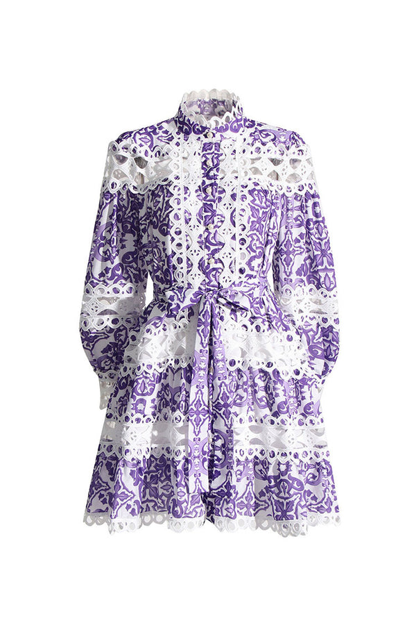 Romantic Floral Scalloped Lace Cutout Bishop Sleeve Belted Mini Shirt Dress