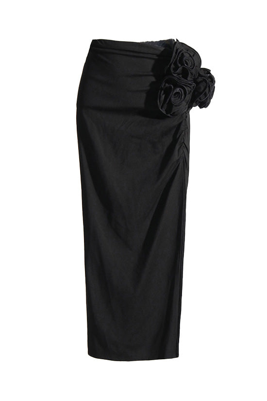 Romantic Large Rosette High Waist High Split Ruched Bodycon Midi Skirt