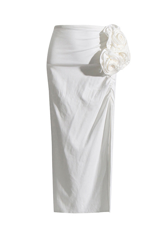 Romantic Large Rosette High Waist High Split Ruched Bodycon Midi Skirt