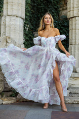 Romantic Puff Sleeve Floral Organza Layered Ruffle Split Gown Dress - Lilac