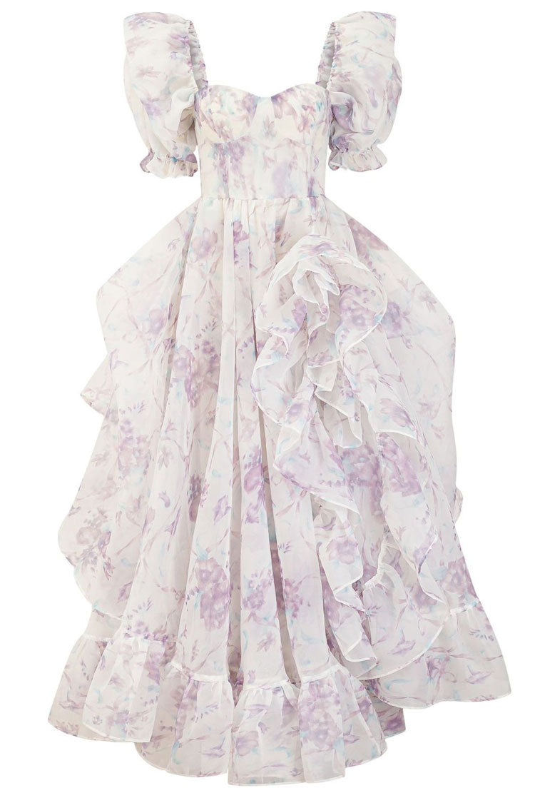 Romantic Puff Sleeve Floral Organza Layered Ruffle Split Gown Dress - Lilac