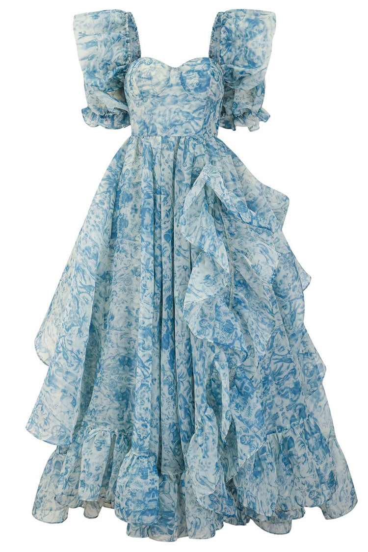 Romantic Puff Sleeve Floral Organza Layered Ruffle Split Gown Dress - Blue