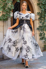 Romantic Puff Sleeve Floral Organza Peplum Belted Gown Maxi Dress - Black