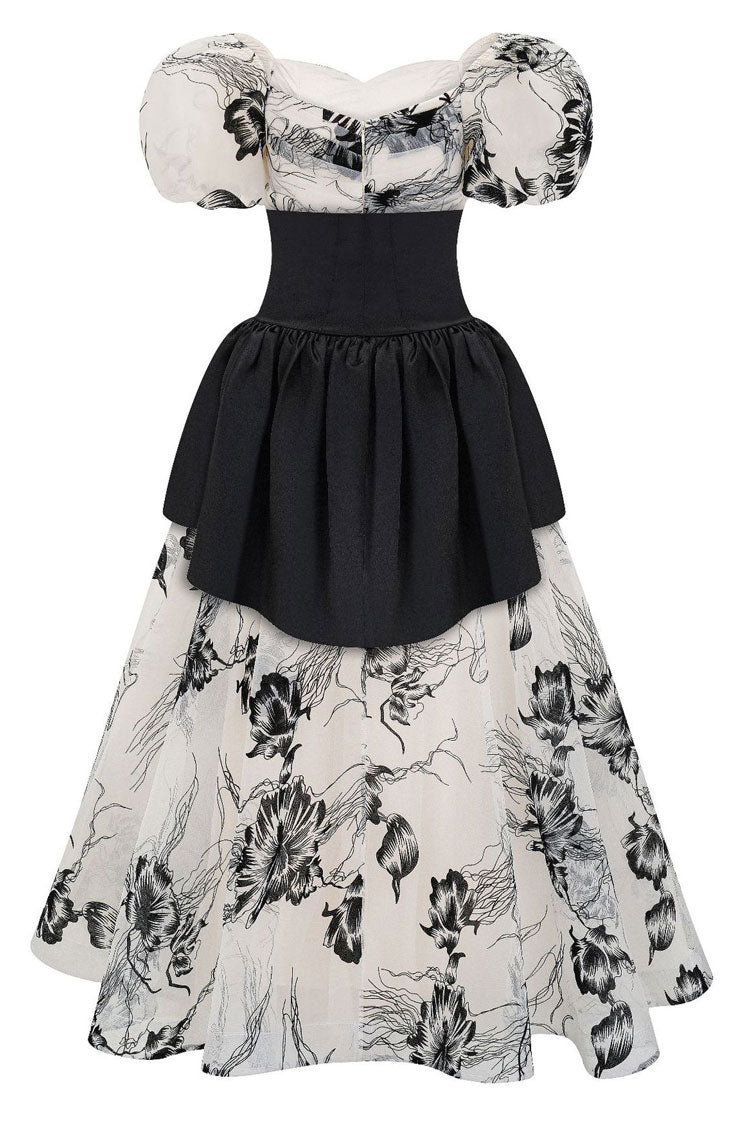 Romantic Puff Sleeve Floral Organza Peplum Belted Gown Maxi Dress - Black