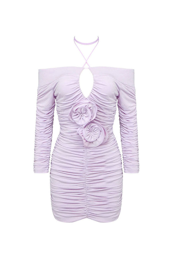 Romantic Rosette Cutout Off Shoulder Halter Ruched Bodycon Party Mini Dress