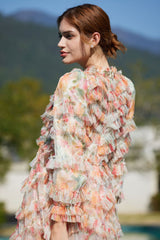 Romantic Ruffle Neck Long Sleeve Floral Tulle Layered Evening Maxi Dress - Orange