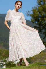 Romantic Ruffle Neck Puff Sleeve Floral Embroidered Tulle Evening Maxi Dress - Pink