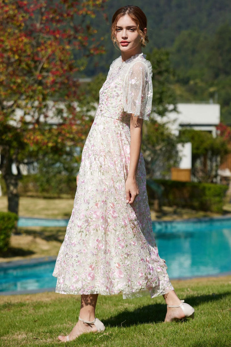 Romantic Ruffle Neck Puff Sleeve Floral Embroidered Tulle Evening Maxi Dress - Pink