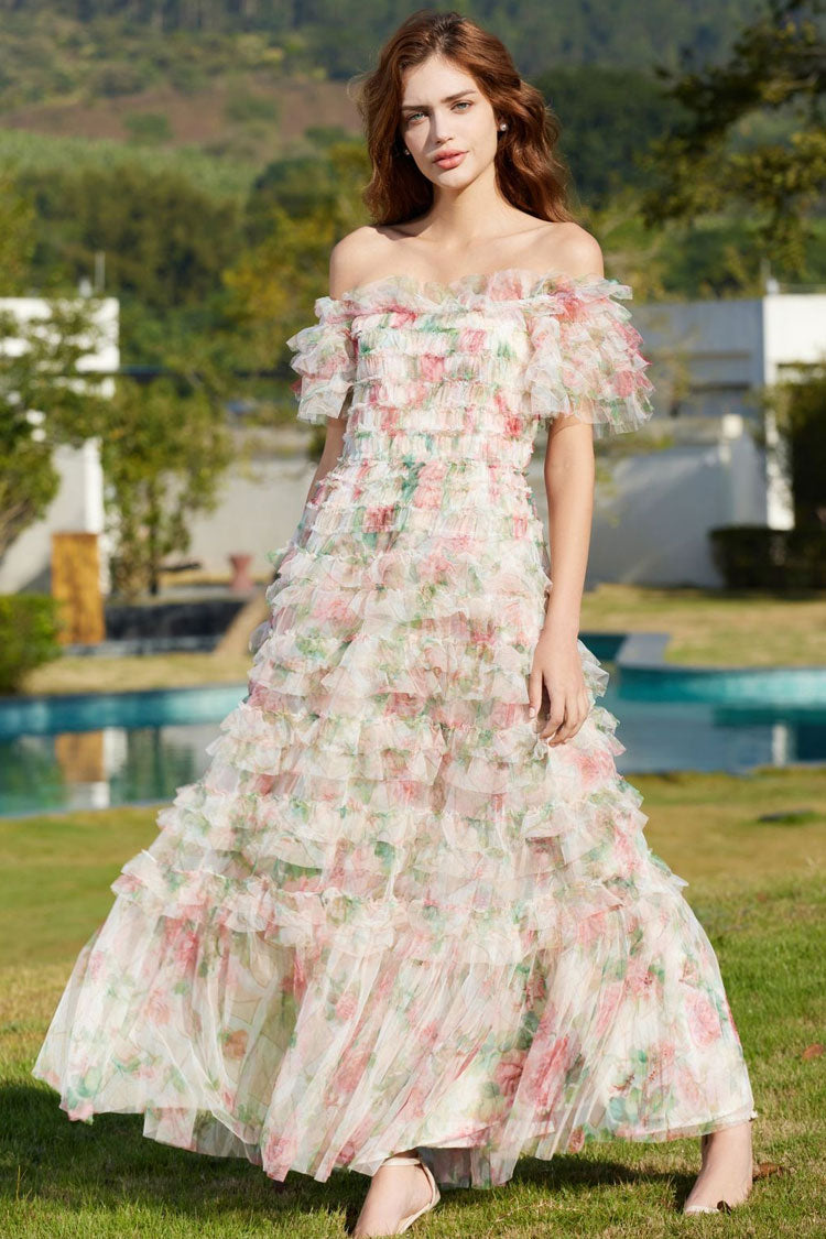 Romantic Ruffle Off Shoulder Floral Printed Tulle Evening Maxi Dress - Apricot