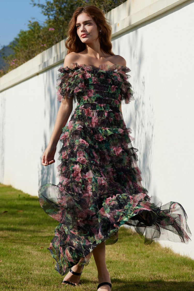 Romantic Ruffle Off Shoulder Floral Printed Tulle Evening Maxi Dress - Black