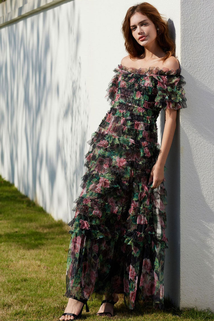 Romantic Ruffle Off Shoulder Floral Printed Tulle Evening Maxi Dress - Black