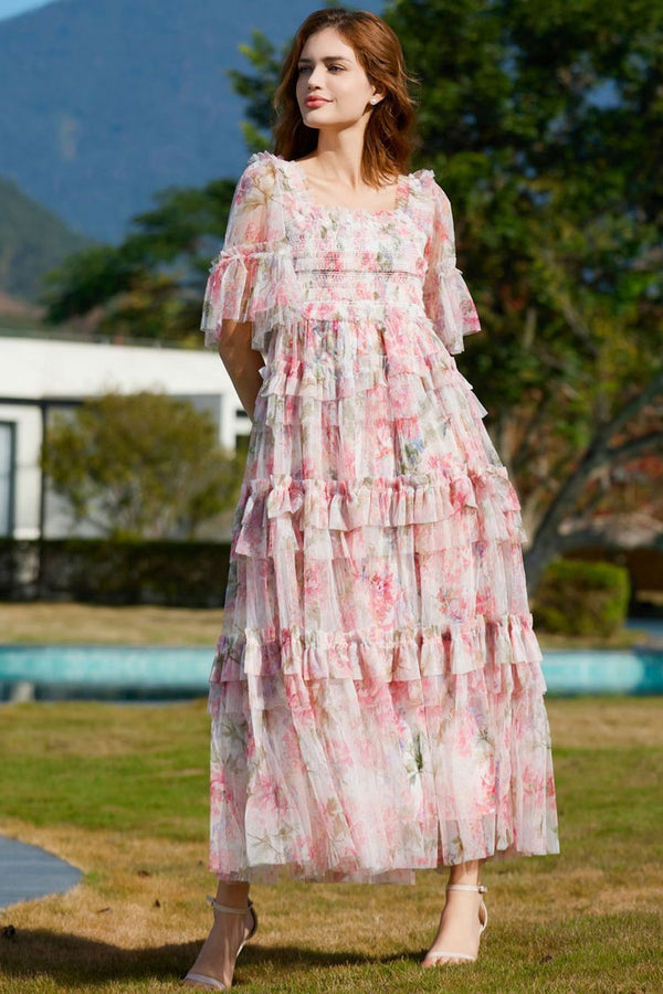 Romantic Square Neck Summer Floral Tulle Ruffle Layered Evening Maxi Dress - Pink