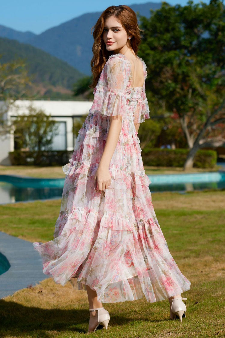 Romantic Square Neck Summer Floral Tulle Ruffle Layered Evening Maxi Dress - Pink