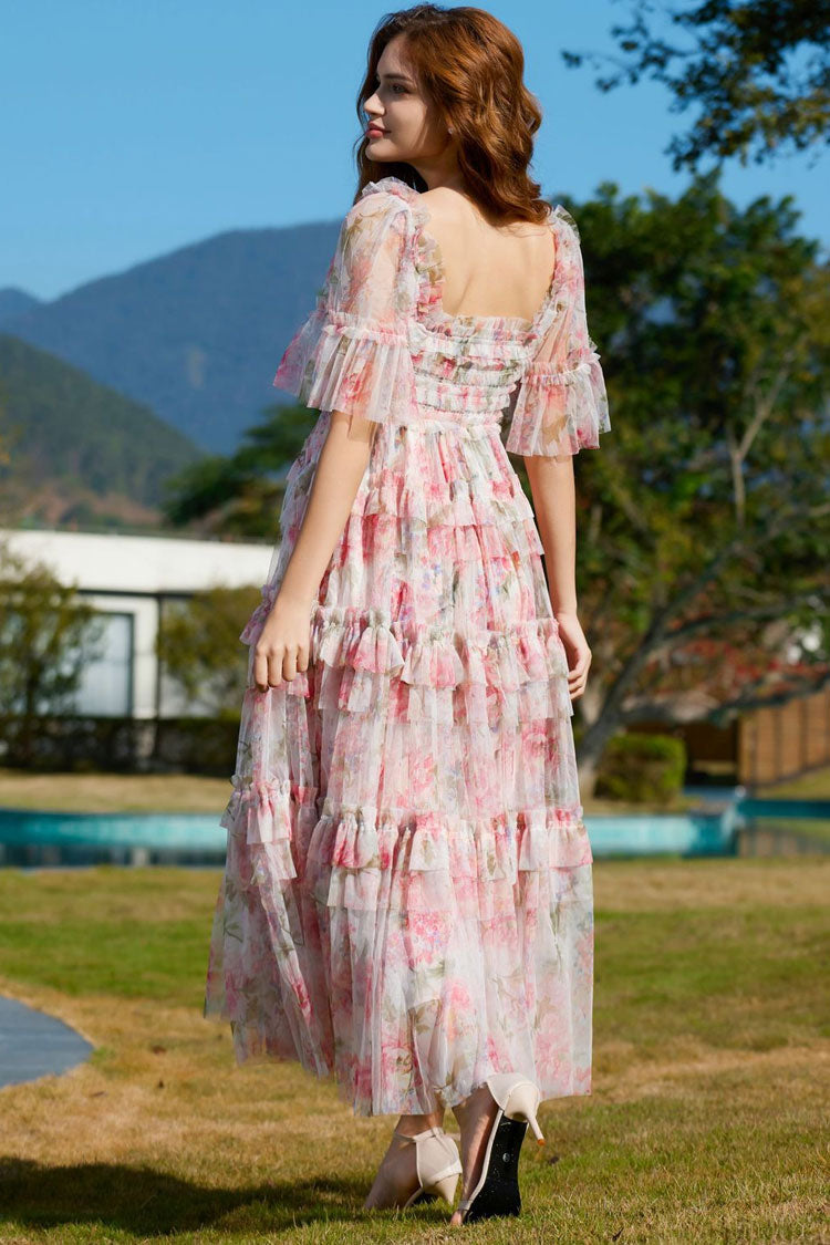 Romantic Square Neck Summer Floral Tulle Ruffle Layered Evening Maxi Dress - Pink
