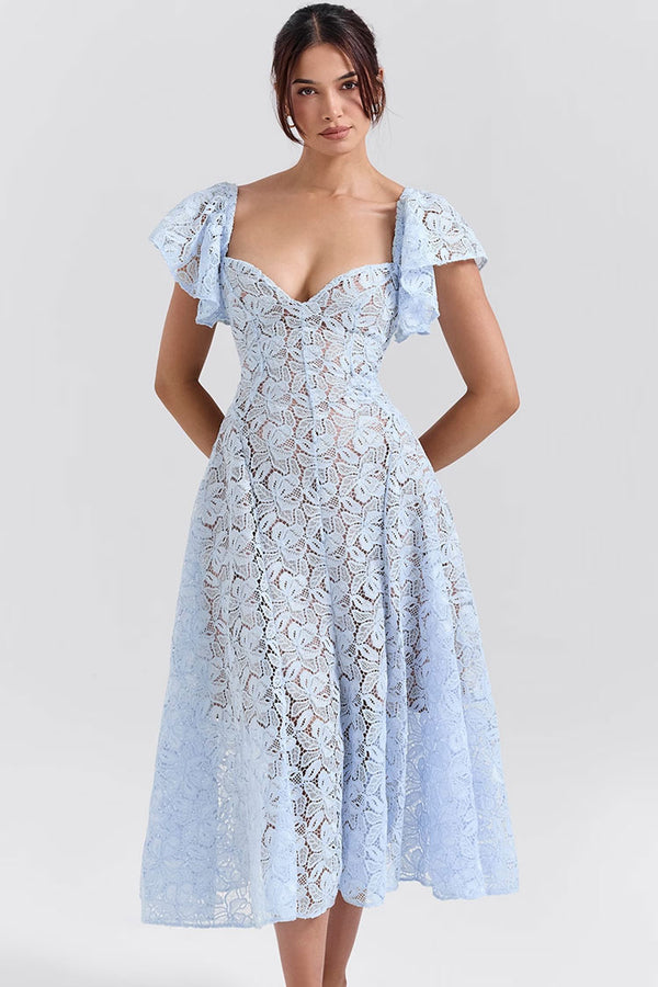 Romantic Sweetheart Butterfly Sleeve Guipure Lace A Line Cocktail Midi Dress