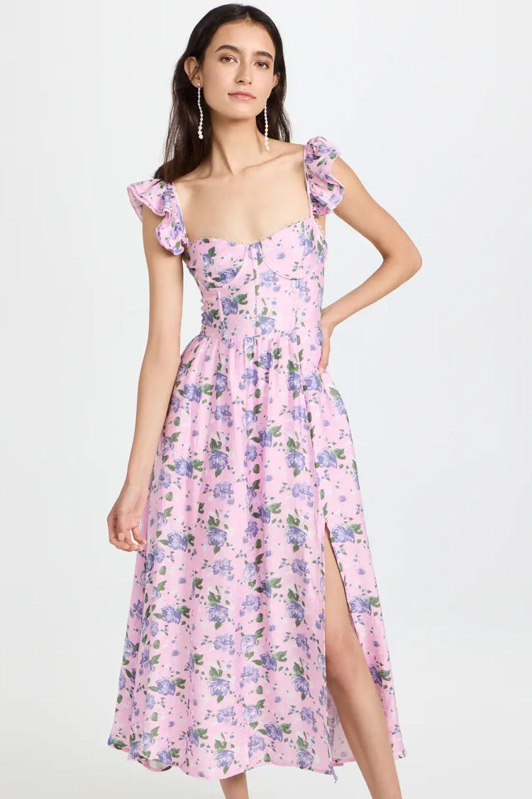 Romantic Sweetheart Corset Floral Printed Lace Up Back Split Midi Sundress - Lilac