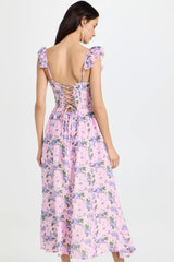 Romantic Sweetheart Corset Floral Printed Lace Up Back Split Midi Sundress - Lilac