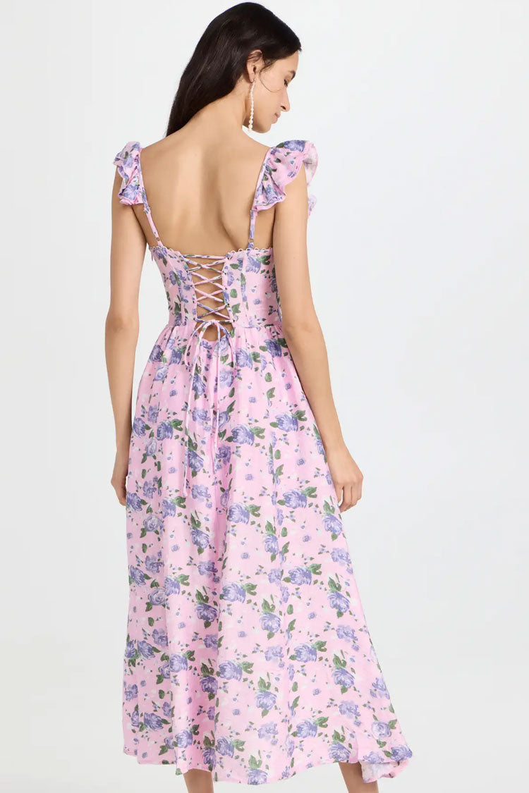 Romantic Sweetheart Corset Floral Printed Lace Up Back Split Midi Sundress - Lilac