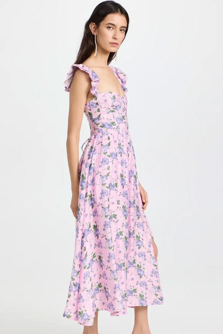 Romantic Sweetheart Corset Floral Printed Lace Up Back Split Midi Sundress - Lilac