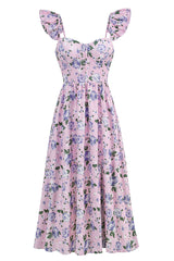 Romantic Sweetheart Corset Floral Printed Lace Up Back Split Midi Sundress - Lilac