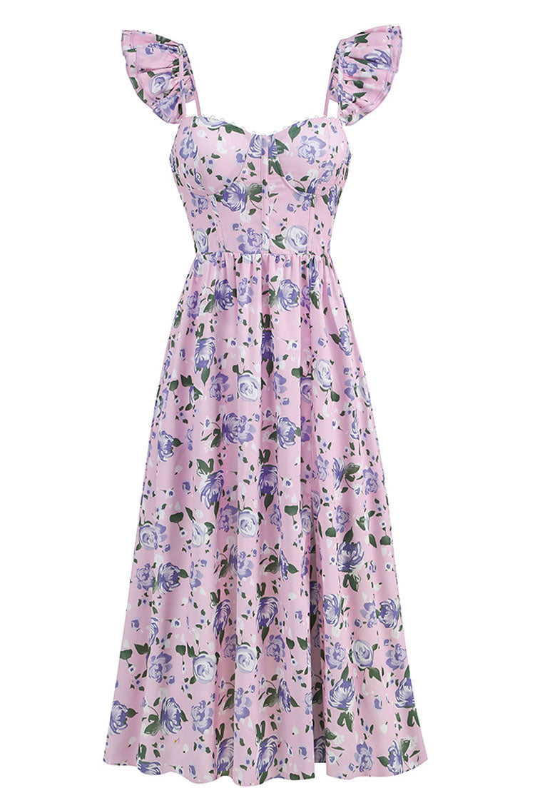 Romantic Sweetheart Corset Floral Printed Lace Up Back Split Midi Sundress - Lilac