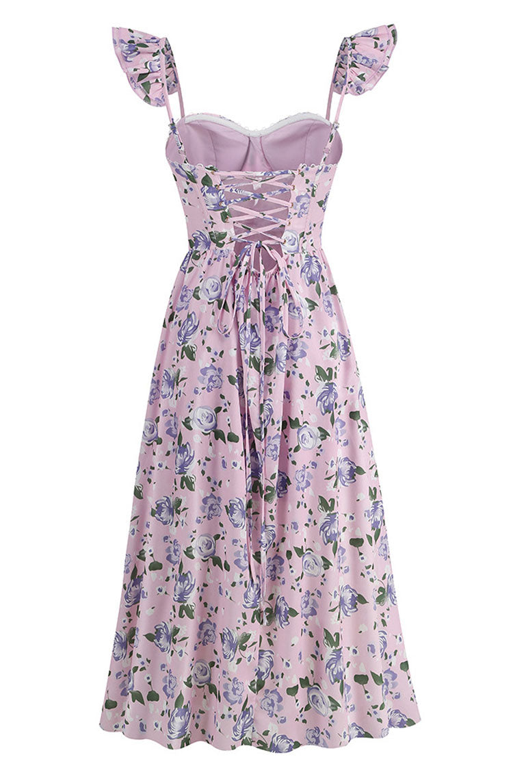 Romantic Sweetheart Corset Floral Printed Lace Up Back Split Midi Sundress - Lilac