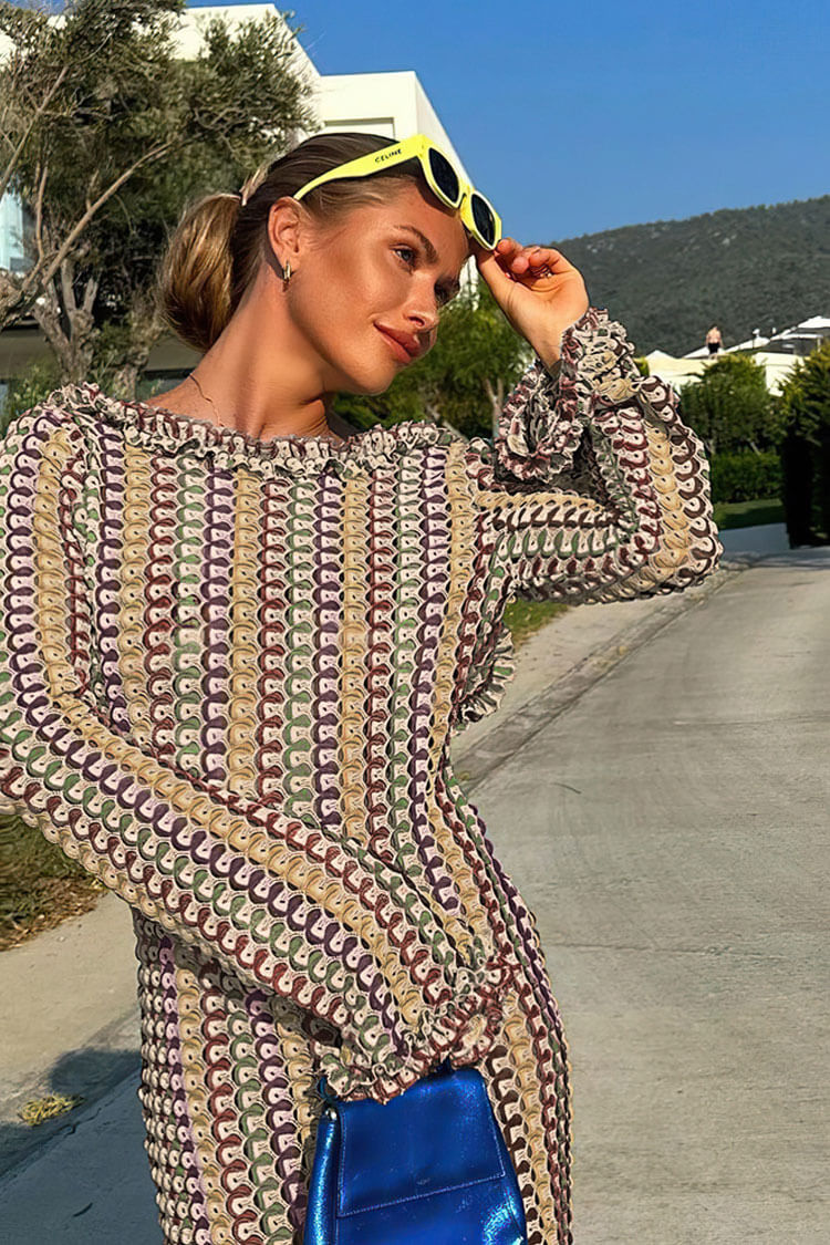 Ruffle Backless Long Sleeve Wavy Striped Crochet Beach Vacation Maxi Dress - Brown