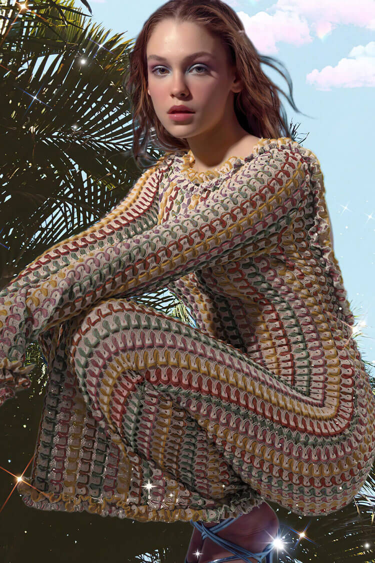 Ruffle Backless Long Sleeve Wavy Striped Crochet Beach Vacation Maxi Dress - Brown