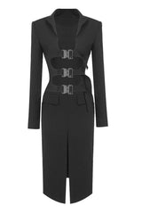 Sculptural Buckled Front Long Sleeve Cutout Blazer Two Piece Midi Dress - Black