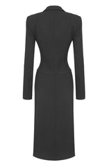 Sculptural Buckled Front Long Sleeve Cutout Blazer Two Piece Midi Dress - Black