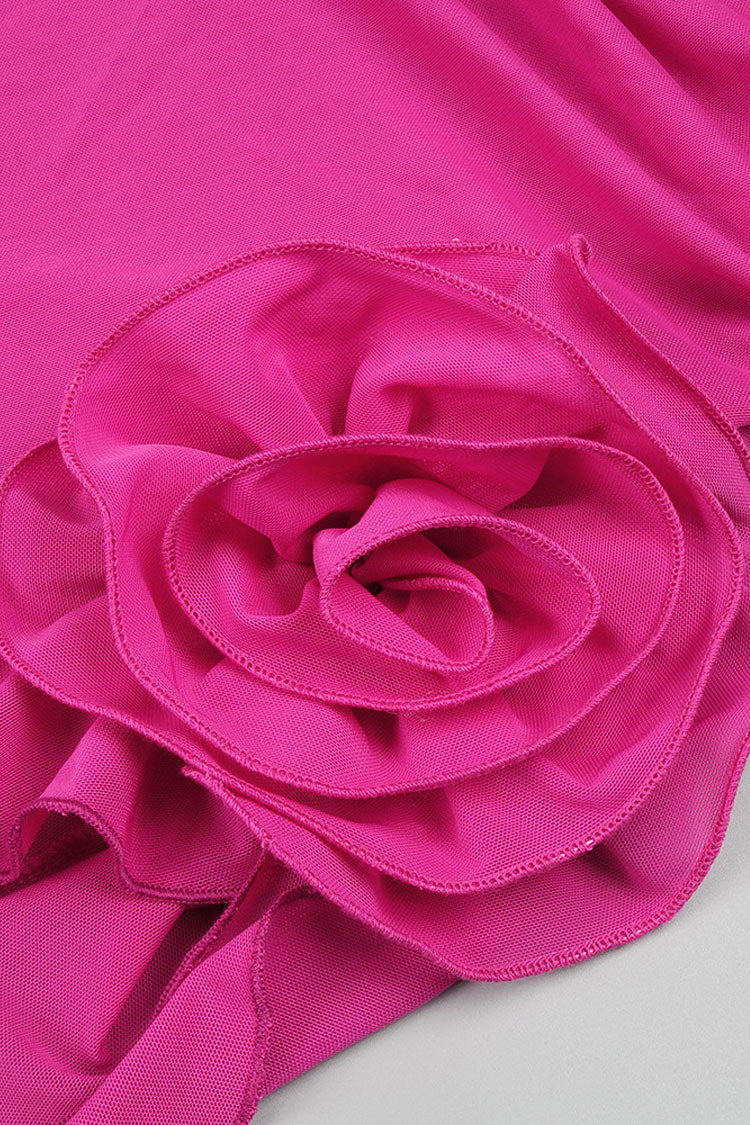 Sexy 3D Flower Ruffle Strap Sleeveless Sheer Mesh Mini Dress - Rose