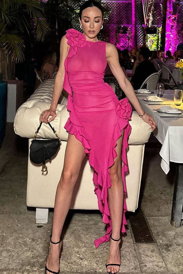 Sexy 3D Flower Ruffle Strap Sleeveless Sheer Mesh Mini Dress - Rose