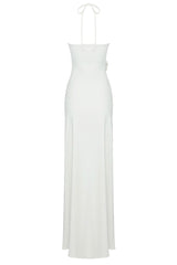 Sexy 3D Flower Trim Halter Neck Cutout Ruched Formal Maxi Dress - White