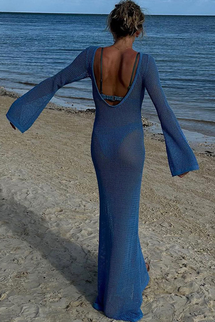 Sexy Boat Neck Bell Sleeve Crochet Knit Beach Vacation Maxi Dress - Blue