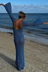 Sexy Boat Neck Bell Sleeve Crochet Knit Beach Vacation Maxi Dress - Blue