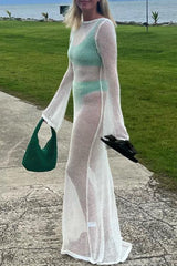 Sexy Boat Neck Bell Sleeve Crochet Knit Beach Vacation Maxi Dress - White