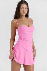 Sexy Bow Tie Back Hanky Hem Tank Top High Waist Mini Skirt Two Piece Dress - Pink