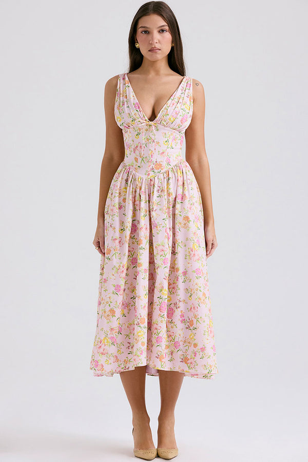 Sexy Bow Tie Deep V Ruched Drop Waist Pocket Corset Floral Midi Sundress - Pink