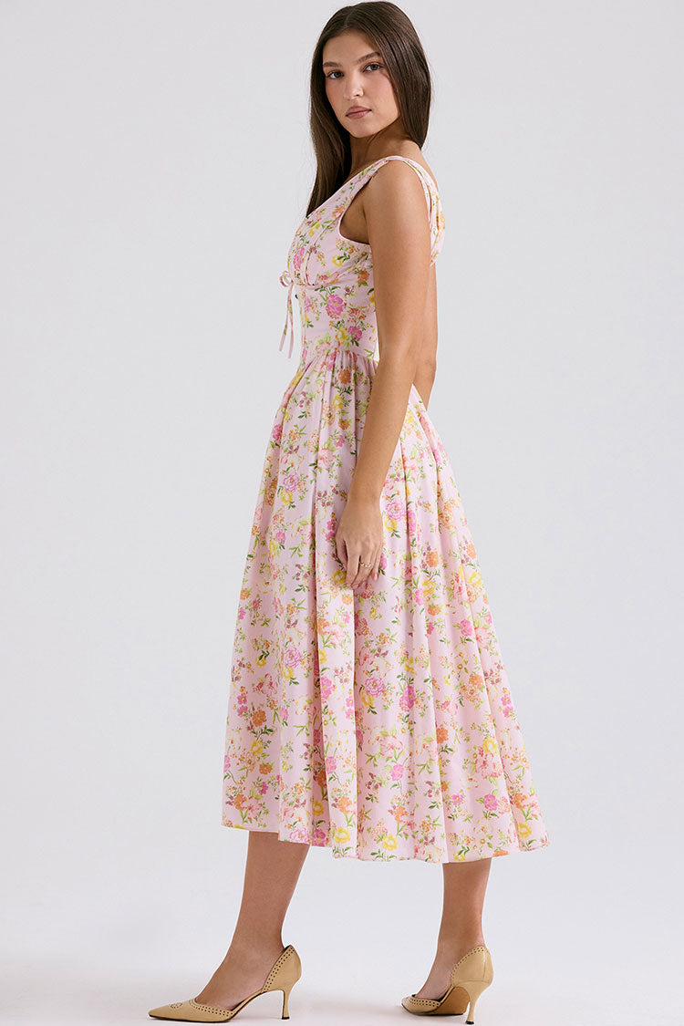 Sexy Bow Tie Deep V Ruched Drop Waist Pocket Corset Floral Midi Sundress - Pink