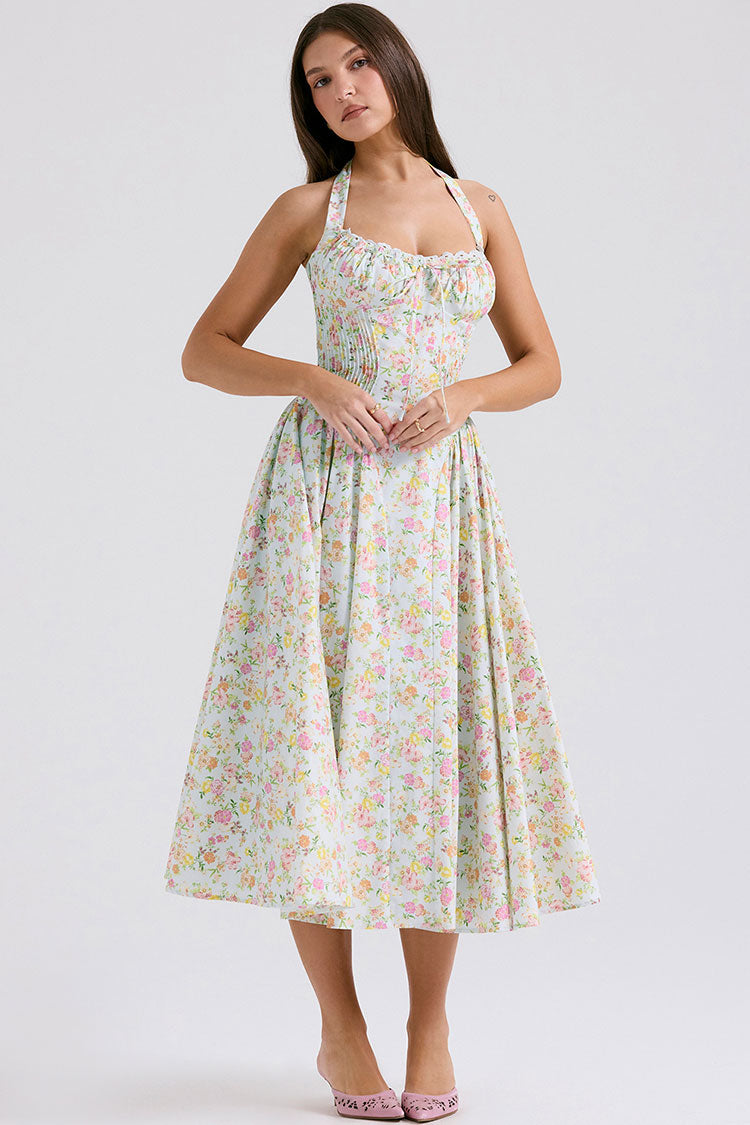 Sexy Bow Tie Halter Neck Pocket Smocked Summer Floral Midi Sundress - Green