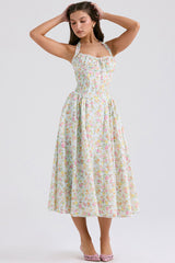 Sexy Bow Tie Halter Neck Pocket Smocked Summer Floral Midi Sundress - Green