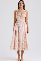 Sexy Bow Tie Halter Neck Pocket Smocked Summer Floral Midi Sundress - Pink