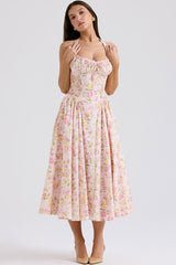 Sexy Bow Tie Halter Neck Pocket Smocked Summer Floral Midi Sundress - Pink