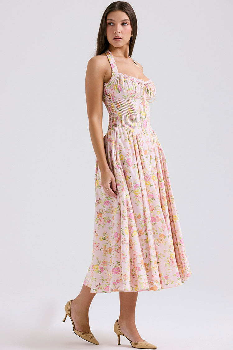 Sexy Bow Tie Halter Neck Pocket Smocked Summer Floral Midi Sundress - Pink