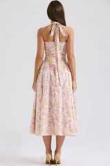 Sexy Bow Tie Halter Neck Pocket Smocked Summer Floral Midi Sundress - Pink