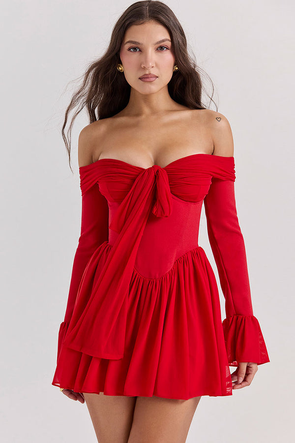 Sexy Bow Tie Off Shoulder Long Sleeve Drop Waist Mesh Panel Party Mini Dress - Red