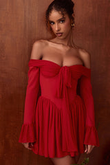 Sexy Bow Tie Off Shoulder Long Sleeve Drop Waist Mesh Panel Party Mini Dress - Red