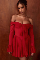 Sexy Bow Tie Off Shoulder Long Sleeve Drop Waist Mesh Panel Party Mini Dress - Red